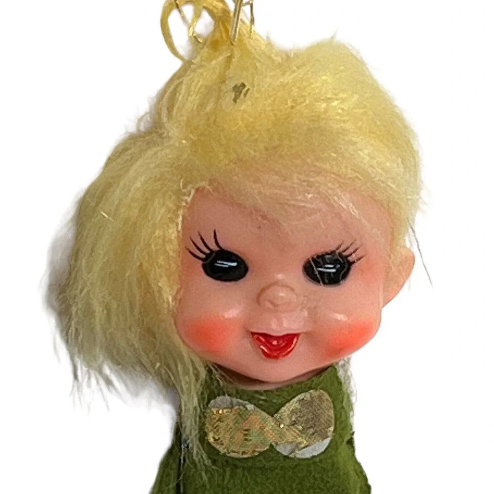 Pixie Elf Green Felt Plastic Face Christmas Ornament Made in JAPAN 6